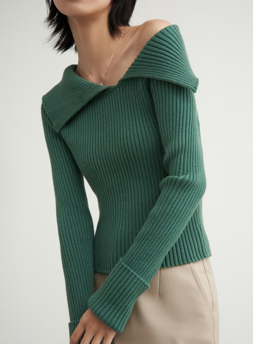 大翻領露肩針織上衣